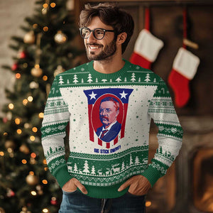 Theodore Roosevelt Patriotic American Flag Ugly Christmas Sweater Big Stick Energy President TS14 Beige Green Print Your Wear