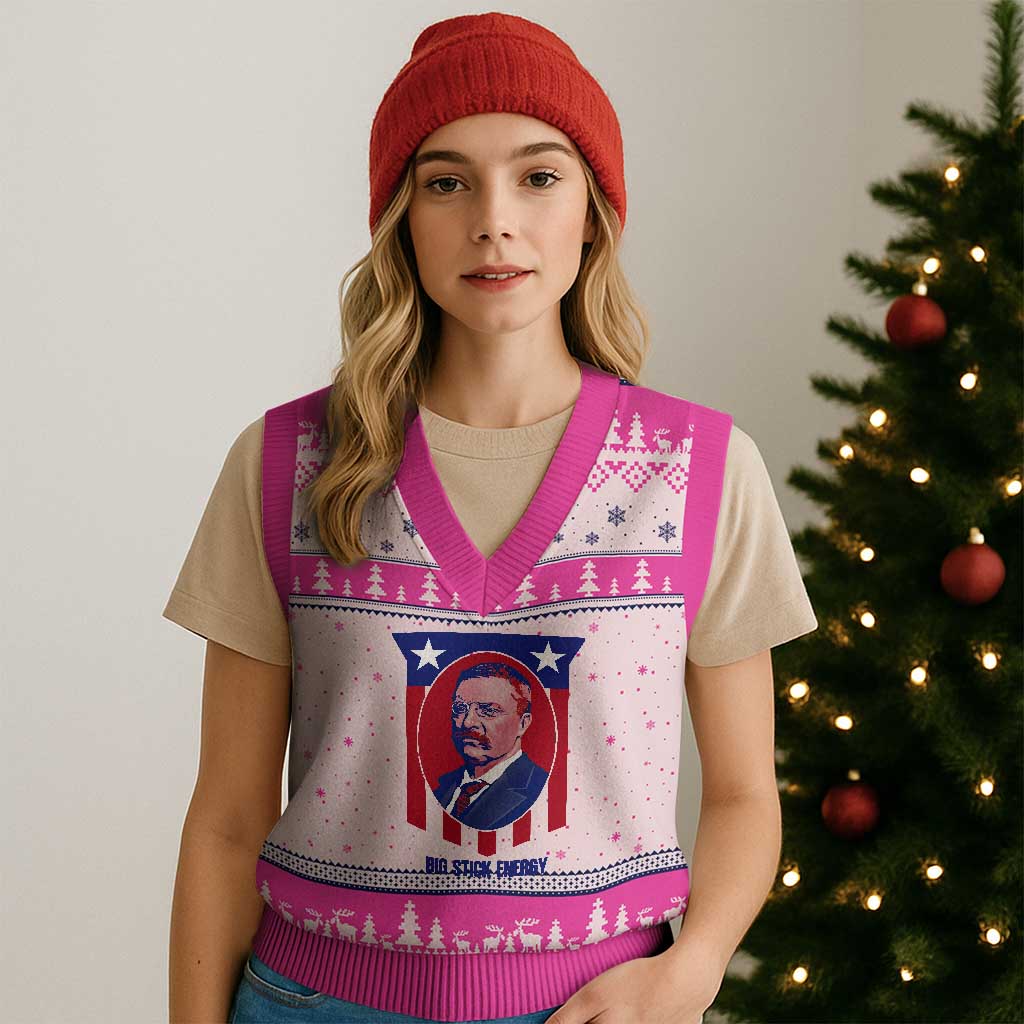 Theodore Roosevelt Patriotic American Flag V-Neck Knit Sweater Vest Big Stick Energy President TS14 Hot Pink Print Your Wear