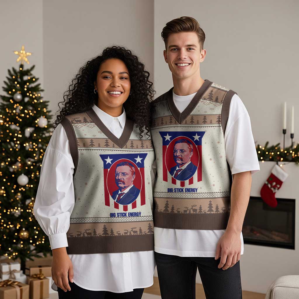 Theodore Roosevelt Patriotic American Flag V-Neck Knit Sweater Vest Big Stick Energy President TS14 Mocha Mousse Print Your Wear
