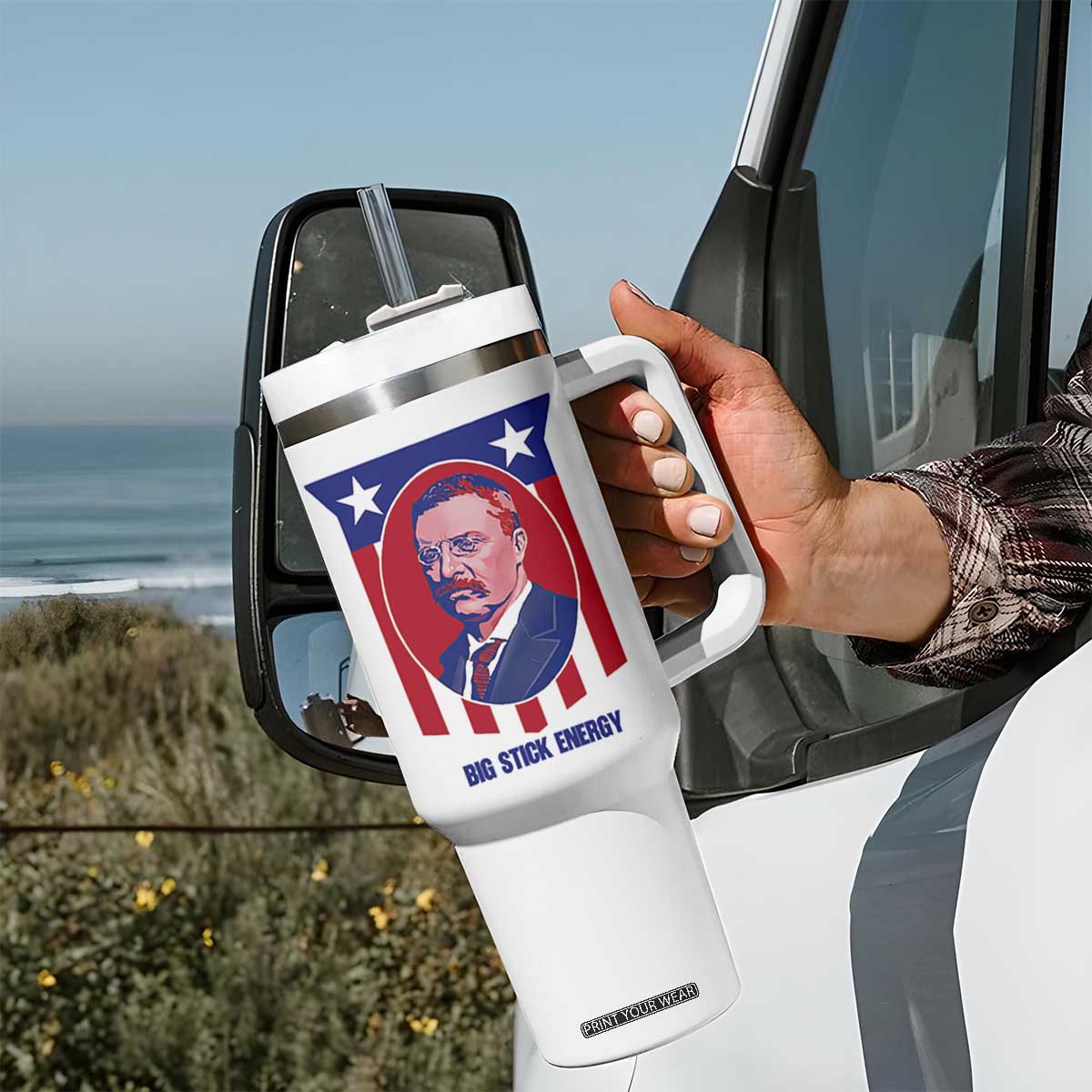 Theodore Roosevelt Patriotic American Flag Tumbler With Handle Big Stick Energy President TS14 Print Your Wear