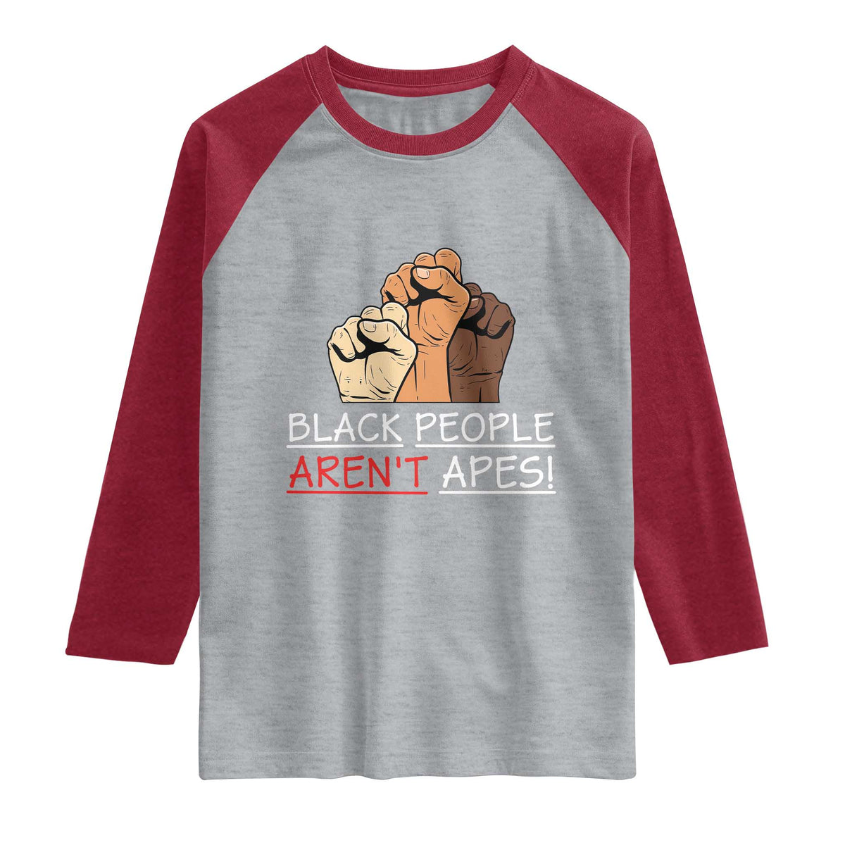 Black People Aren't Apes Raglan Shirt Anti-Racist Statement TS14 Heather Gray Heather Red Print Your Wear