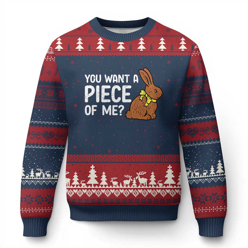 You Want A Piece Of Me Ugly Christmas Sweater Funny Easter Chocolate Bunny TS14 Navy Red Print Your Wear