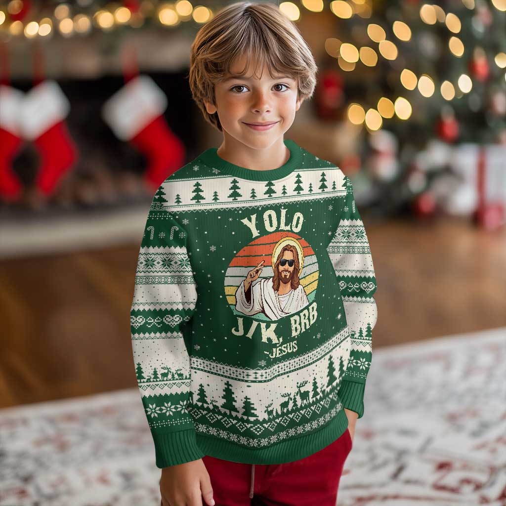 Yolo Jk BRB Jesus Ugly Christmas Sweater Funny Easter Christian TS14 Forest Green Beige Print Your Wear