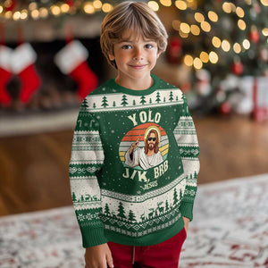 Yolo Jk BRB Jesus Ugly Christmas Sweater Funny Easter Christian TS14 Forest Green Beige Print Your Wear