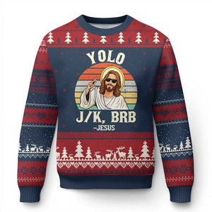 Yolo Jk BRB Jesus Ugly Christmas Sweater Funny Easter Christian TS14 Navy Red Print Your Wear