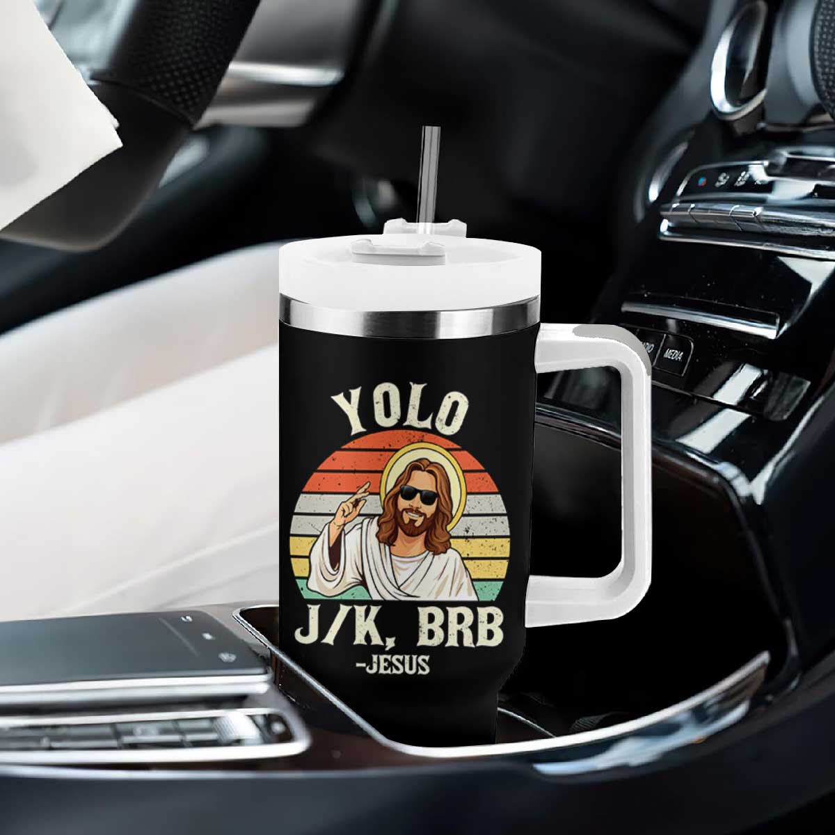 Yolo Jk BRB Jesus Tumbler With Handle Funny Easter Christian TS14 Print Your Wear