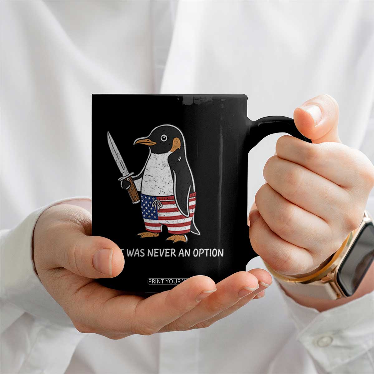 Flight was Never an Option Coffee Mug Funny Penguin Knife Sarcastic American Flag