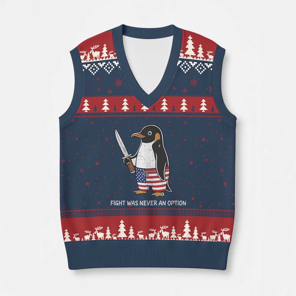 Flight was Never an Option V-Neck Knit Sweater Vest Funny Penguin Knife Sarcastic American Flag