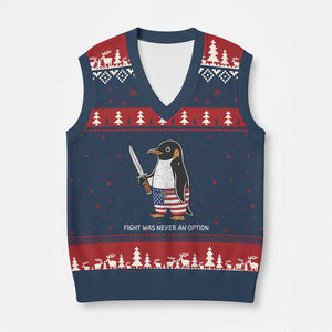 Flight was Never an Option V-Neck Knit Sweater Vest Funny Penguin Knife Sarcastic American Flag