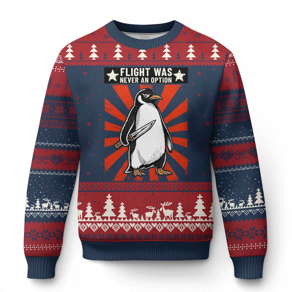 Flight was Never an Option Ugly Christmas Sweater Funny Penguin Knife Sarcastic