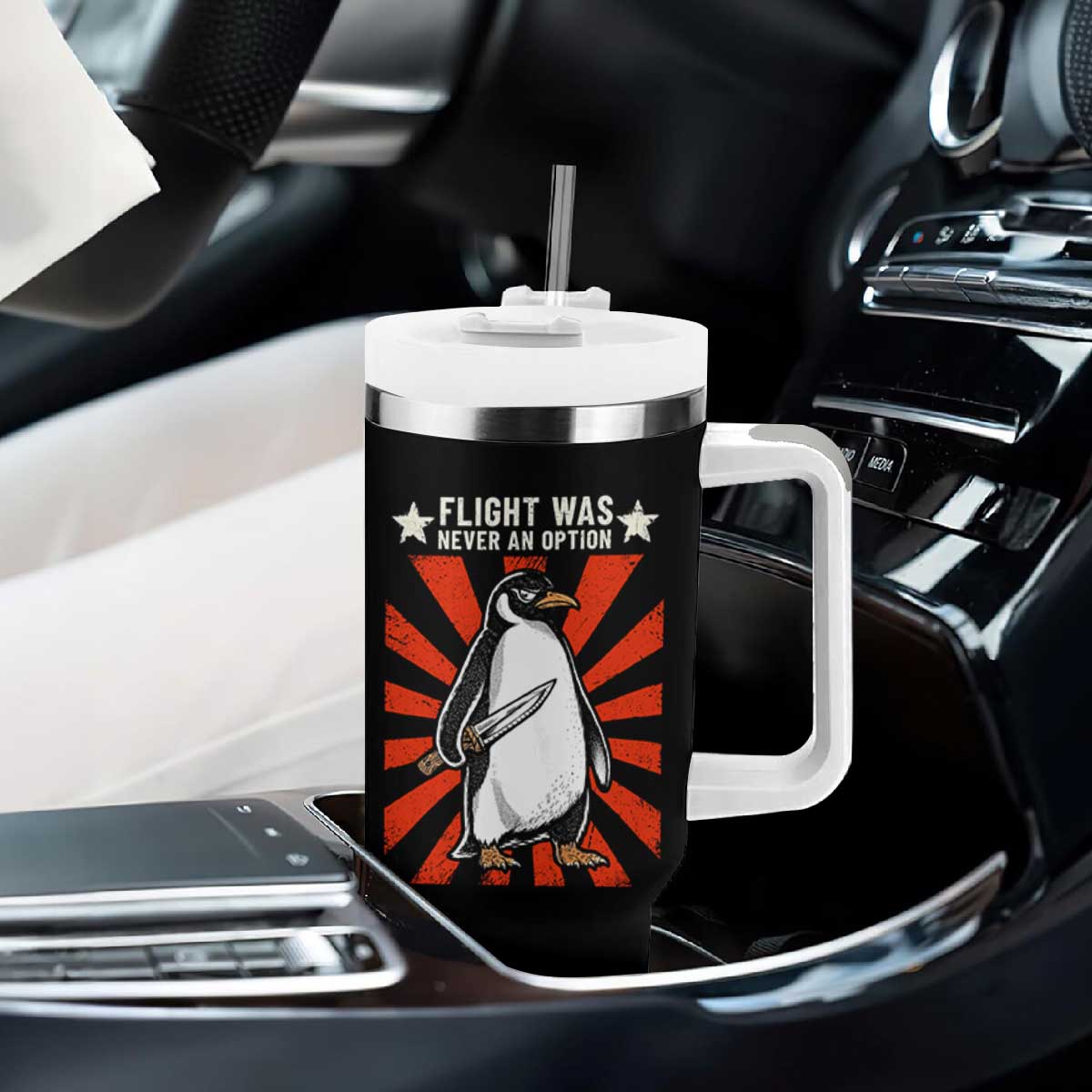 Flight was Never an Option Tumbler With Handle Funny Penguin Knife Sarcastic
