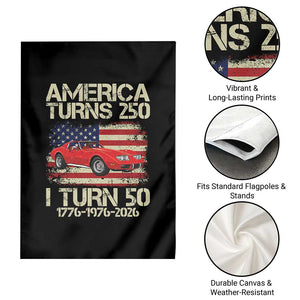 America Turns 250 I Turn 50 1976 50th Birthday Garden Flag Sports Car Retro Americana