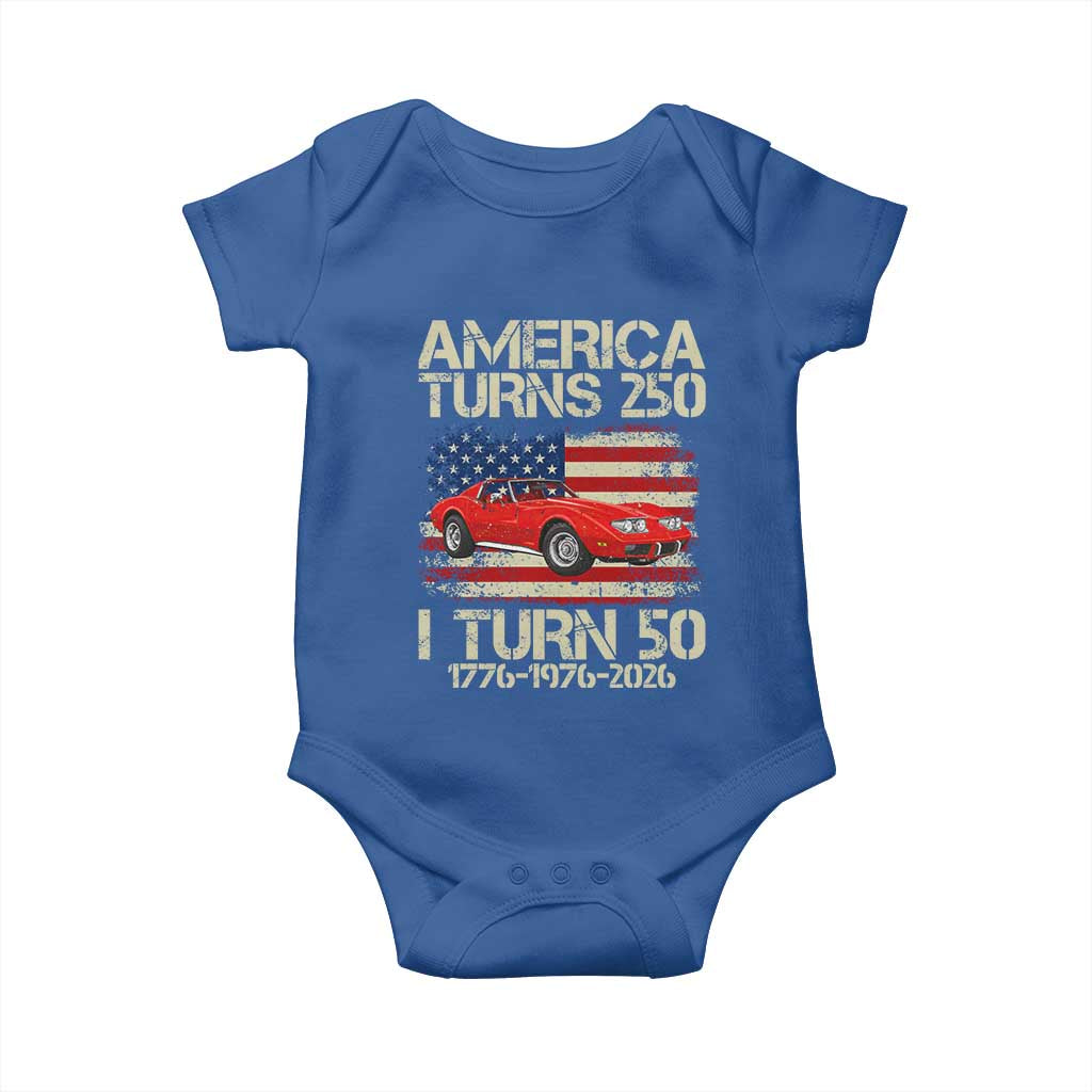 America Turns 250 I Turn 50 1976 50th Birthday Baby Onesie Sports Car Retro Americana