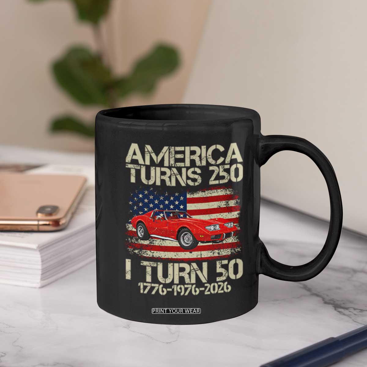America Turns 250 I Turn 50 1976 50th Birthday Coffee Mug Sports Car Retro Americana