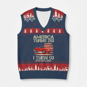 America Turns 250 I Turn 50 1976 50th Birthday V-Neck Knit Sweater Vest Sports Car Retro Americana