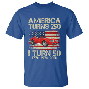 America Turns 250 I Turn 50 1976 50th Birthday T Shirt Sports Car Retro Americana