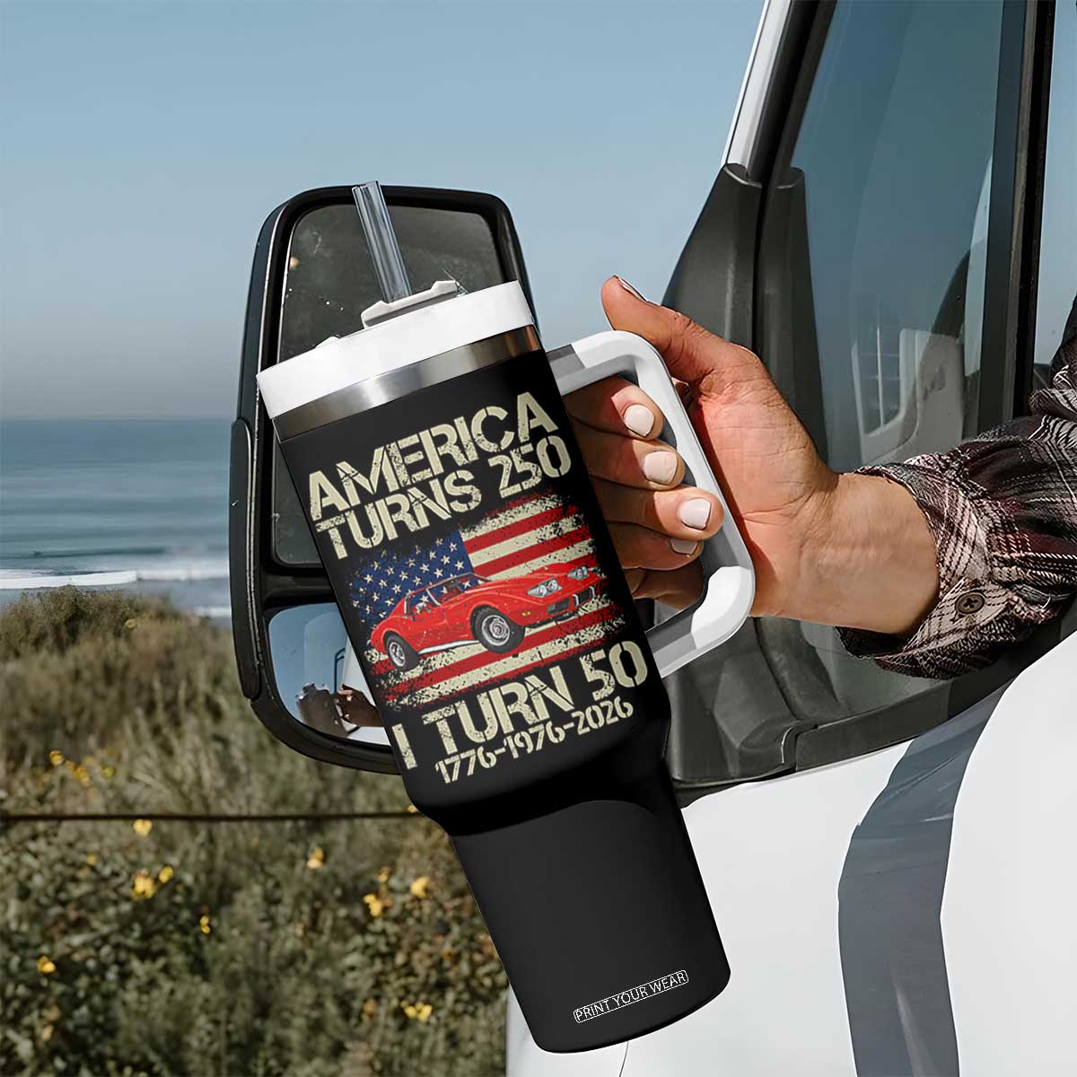 America Turns 250 I Turn 50 1976 50th Birthday Tumbler With Handle Sports Car Retro Americana
