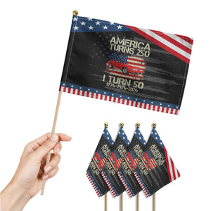 America Turns 250 I Turn 50 1976 50th Birthday Patriotic Handheld Flag Sports Car Retro Americana