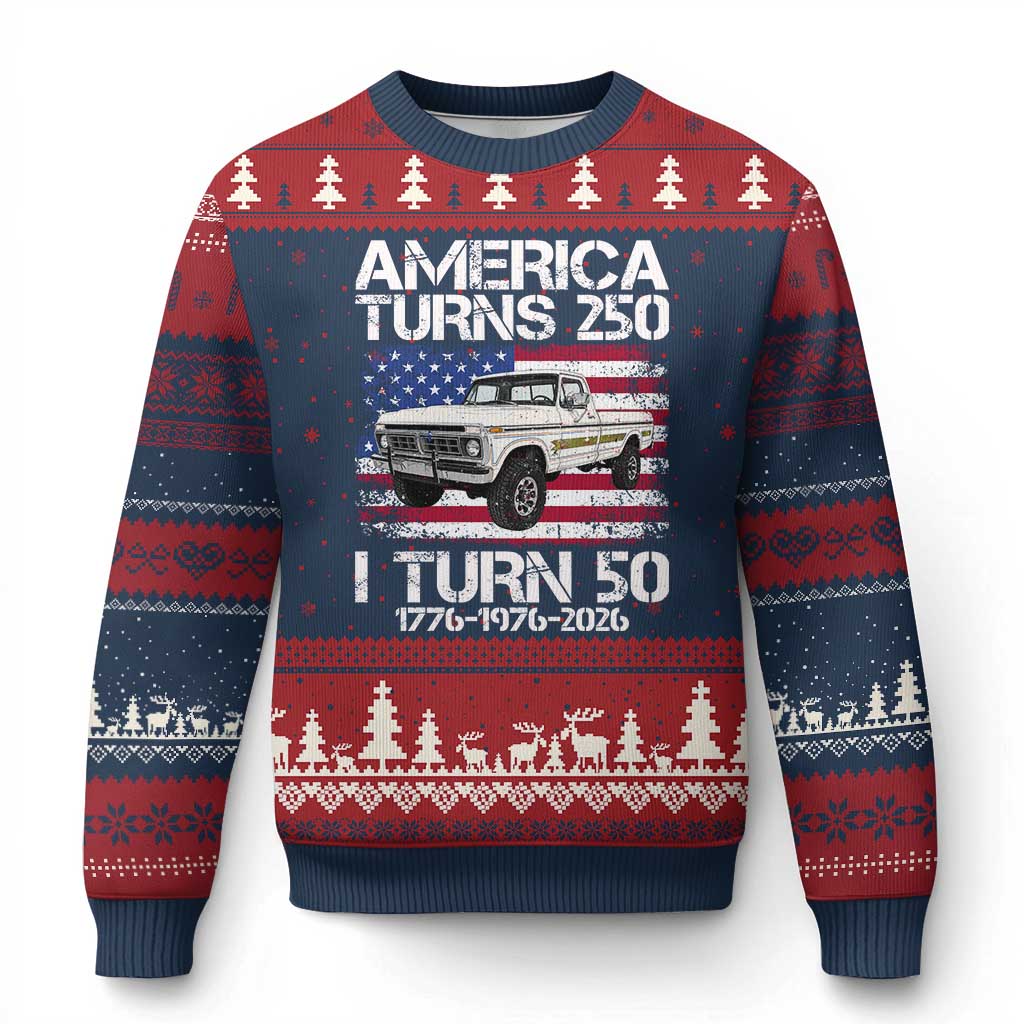 America Turns 250 I Turn 50 1976 50th Birthday Ugly Christmas Sweater Vintage Classic Original American Old Pickup Truck TS14 Navy Red Print Your Wear