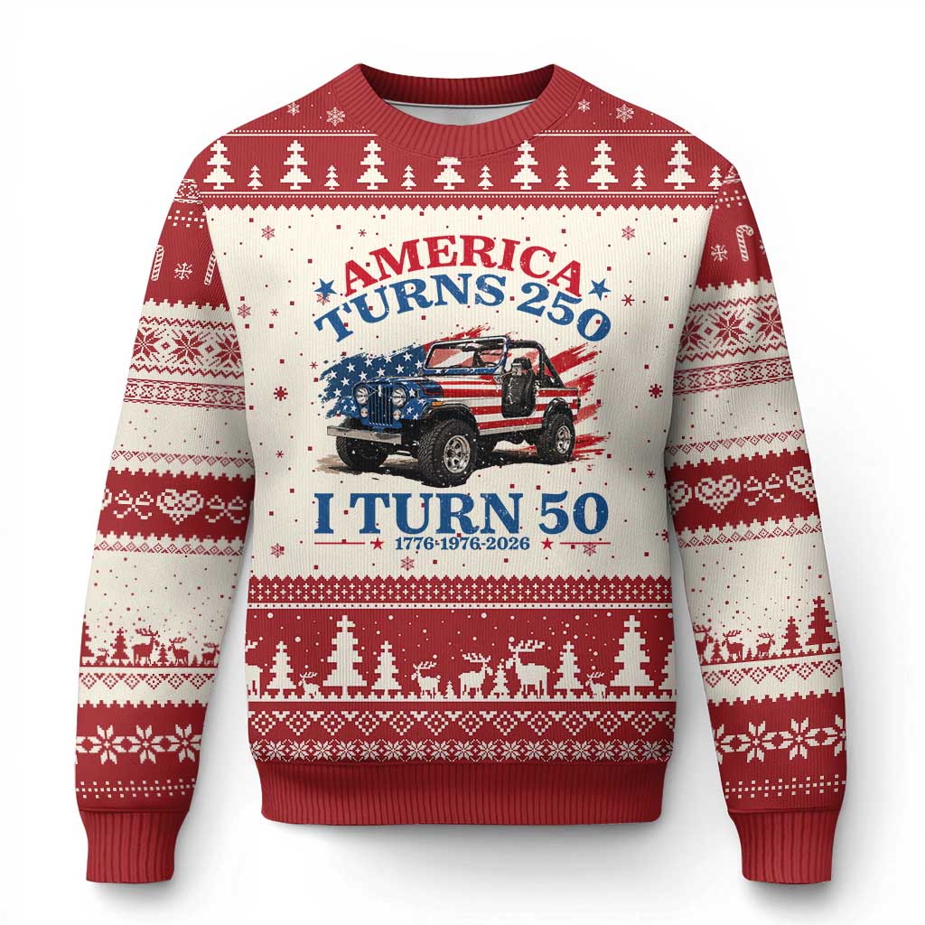 America Turns 250 I Turn 50 1976 50th Birthday Ugly Christmas Sweater Compact Classic Off-road SUV TS14 Beige Red Print Your Wear