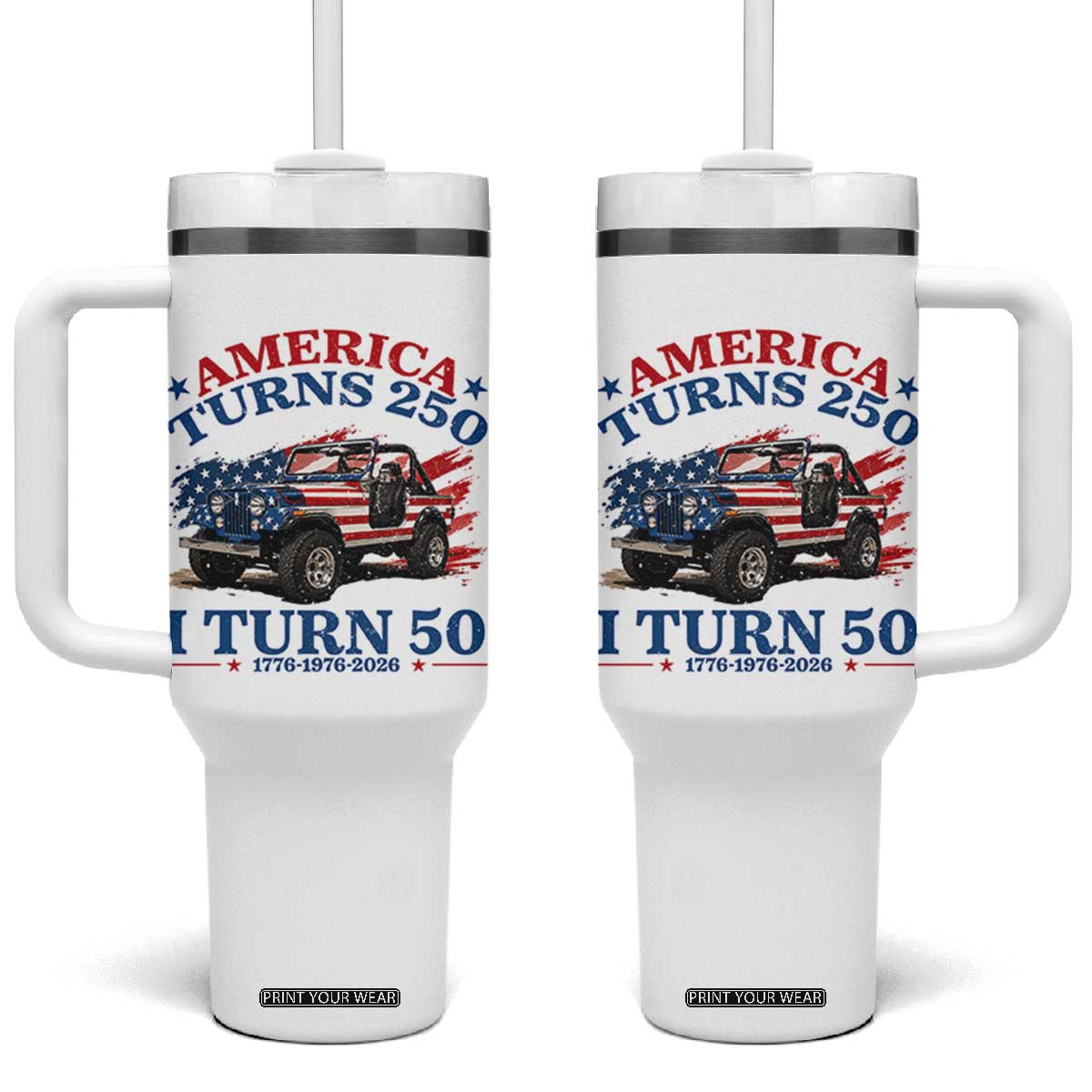 America Turns 250 I Turn 50 1976 50th Birthday Tumbler With Handle Compact Classic Off-road SUV