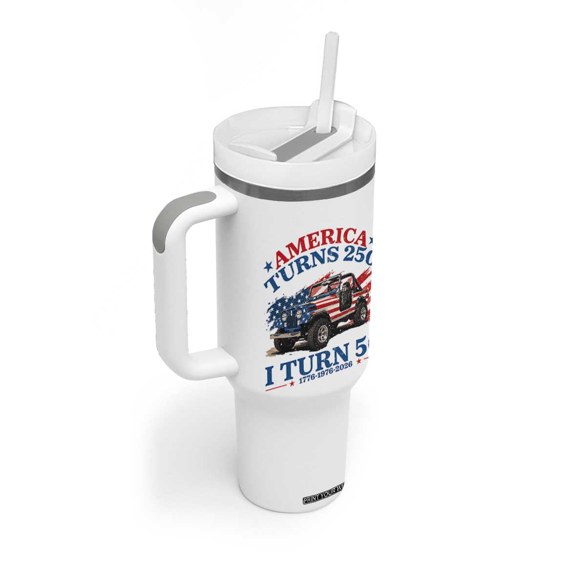 America Turns 250 I Turn 50 1976 50th Birthday Tumbler With Handle Compact Classic Off-road SUV