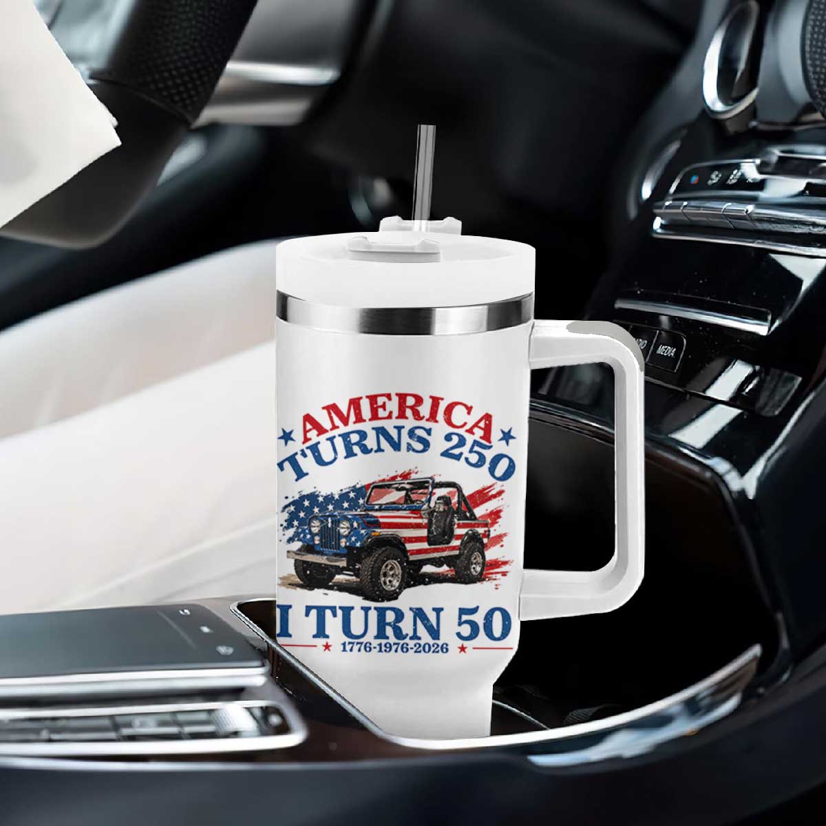 America Turns 250 I Turn 50 1976 50th Birthday Tumbler With Handle Compact Classic Off-road SUV
