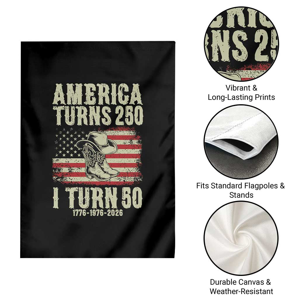 America Turns 250 I Turn 50 1976 50th Birthday Garden Flag Patriotic Cowboy Cowgirl Rodeo 4th of July