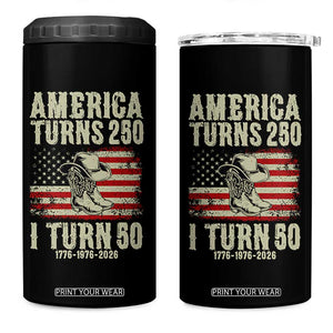 America Turns 250 I Turn 50 1976 50th Birthday 4 in 1 Can Cooler Tumbler Patriotic Cowboy Cowgirl Rodeo 4th of July
