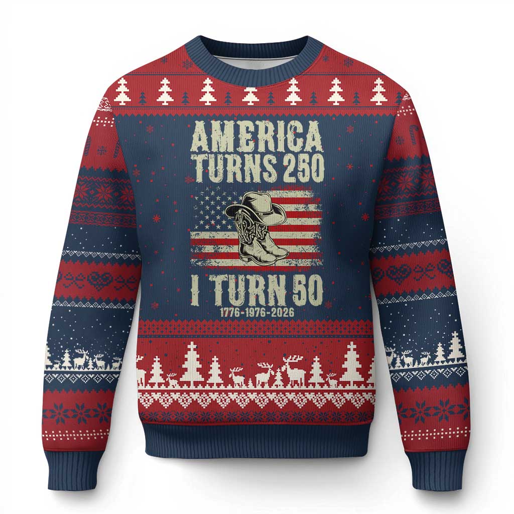 America Turns 250 I Turn 50 1976 50th Birthday Ugly Christmas Sweater Patriotic Cowboy Cowgirl Rodeo 4th of July
