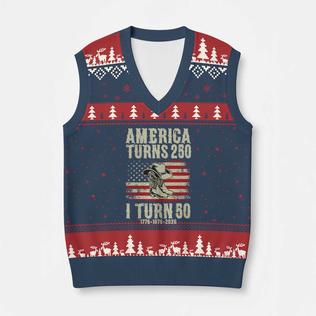 America Turns 250 I Turn 50 1976 50th Birthday V-Neck Knit Sweater Vest Patriotic Cowboy Cowgirl Rodeo 4th of July TS14 Navy Red Print Your Wear