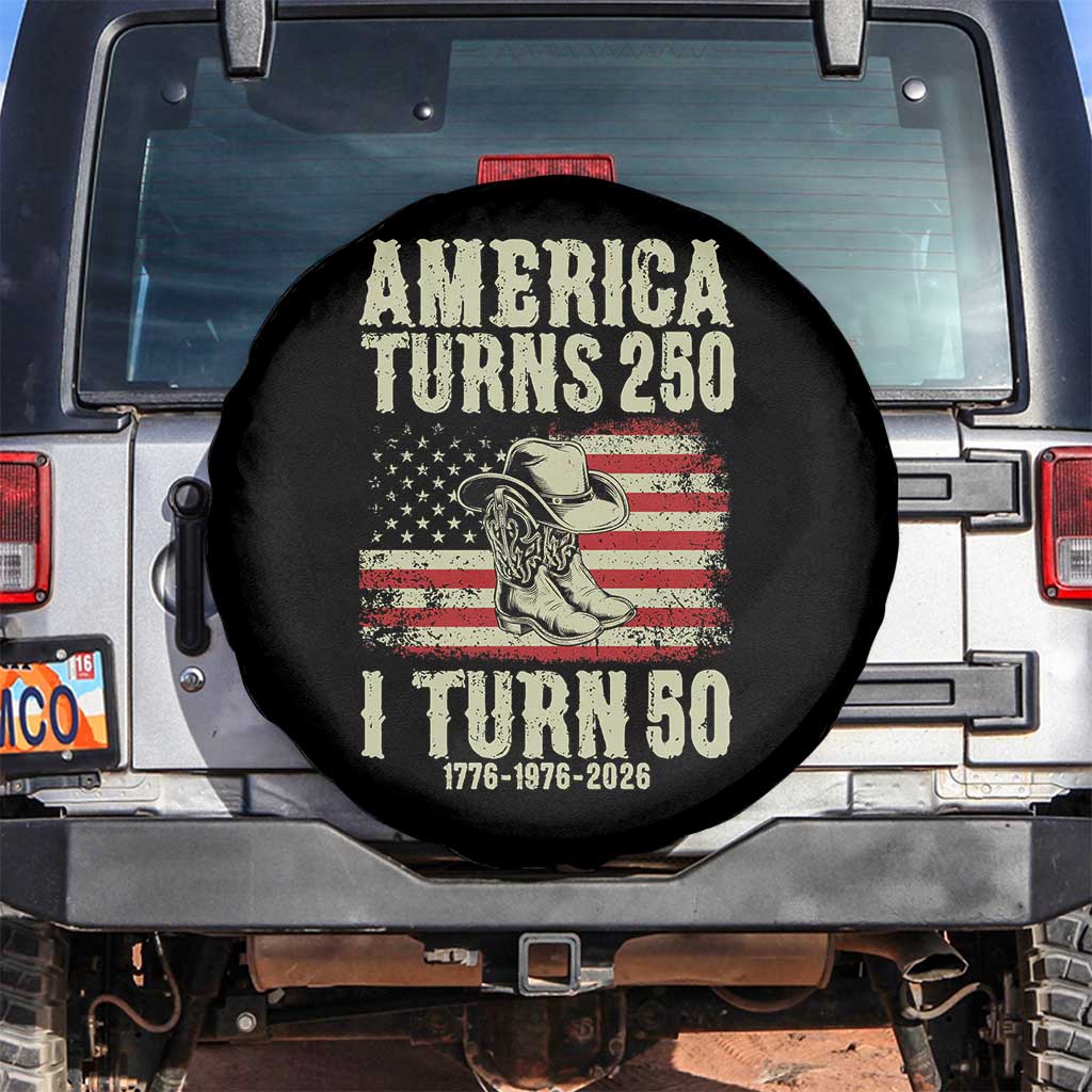 America Turns 250 I Turn 50 1976 50th Birthday Spare Tire Cover Patriotic Cowboy Cowgirl Rodeo 4th of July