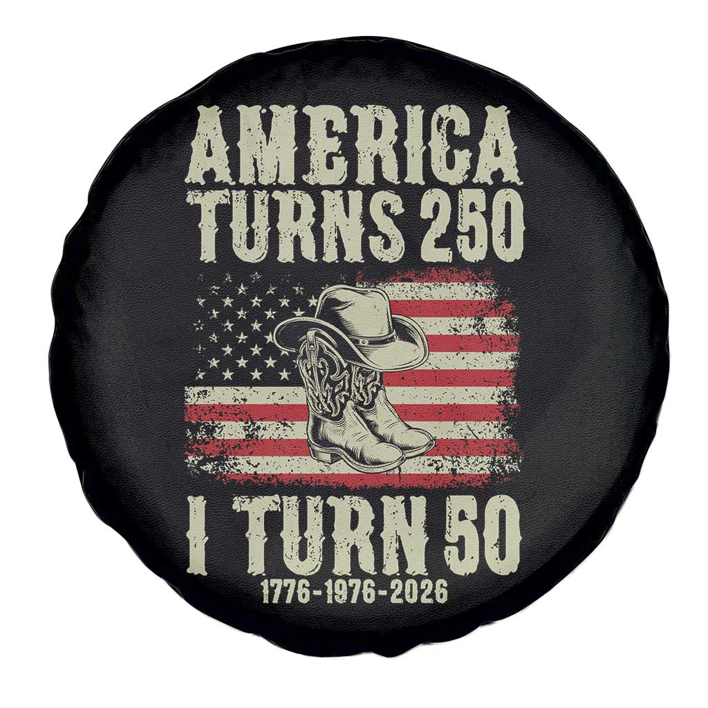 America Turns 250 I Turn 50 1976 50th Birthday Spare Tire Cover Patriotic Cowboy Cowgirl Rodeo 4th of July