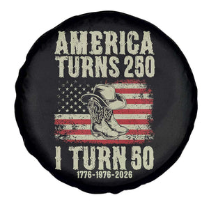 America Turns 250 I Turn 50 1976 50th Birthday Spare Tire Cover Patriotic Cowboy Cowgirl Rodeo 4th of July