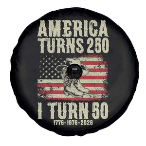 America Turns 250 I Turn 50 1976 50th Birthday Spare Tire Cover Patriotic Cowboy Cowgirl Rodeo 4th of July
