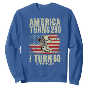 America Turns 250 I Turn 50 1976 50th Birthday Sweatshirt Patriotic Cowboy Cowgirl Rodeo 4th of July