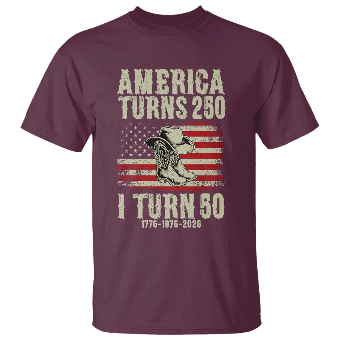 America Turns 250 I Turn 50 1976 50th Birthday T Shirt Patriotic Cowboy Cowgirl Rodeo 4th of July