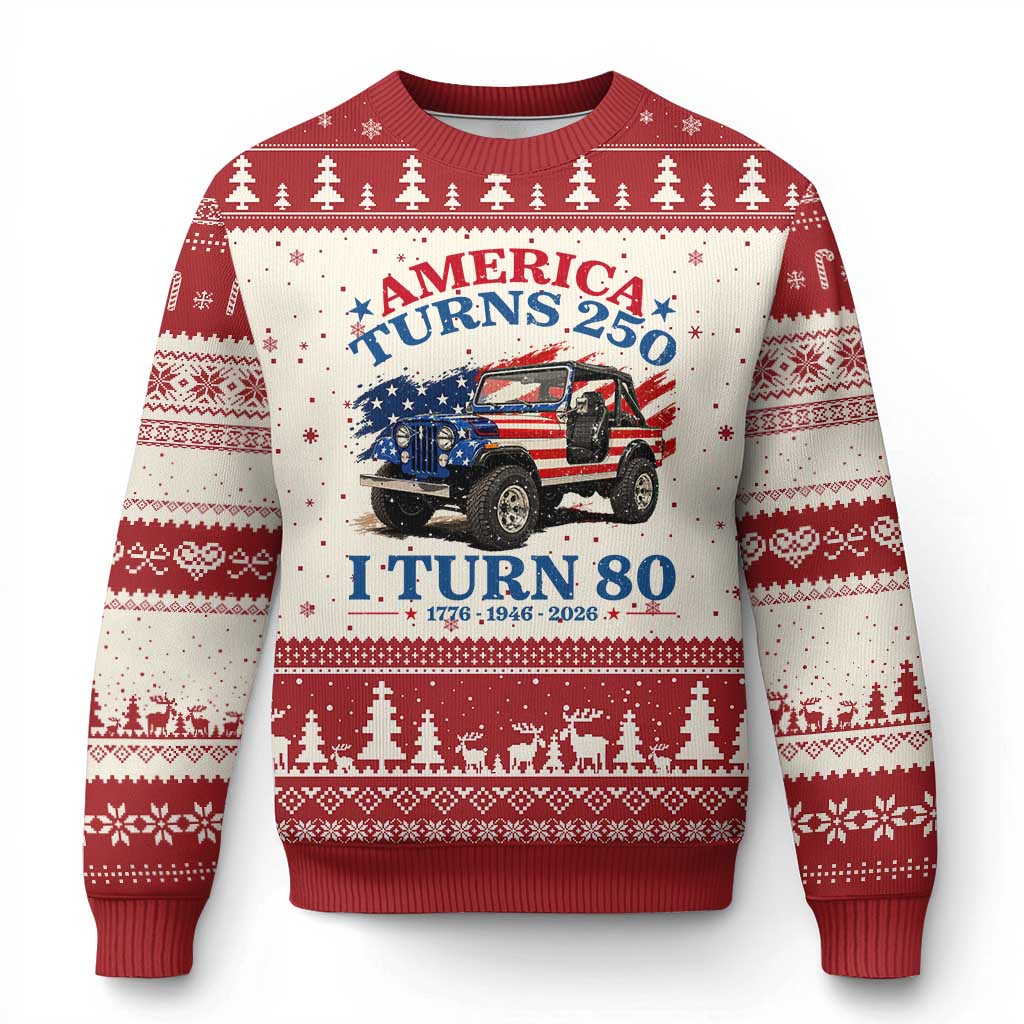 America Turns 250 I Turn 80 1946 80th Birthday Ugly Christmas Sweater Compact Classic Off-road SUV TS14 Beige Red Print Your Wear