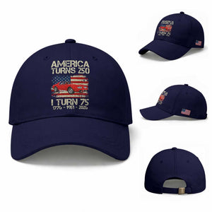 America Turns 250 I Turn 75 1951 75th Birthday Baseball Cap Sports Car Retro Americana