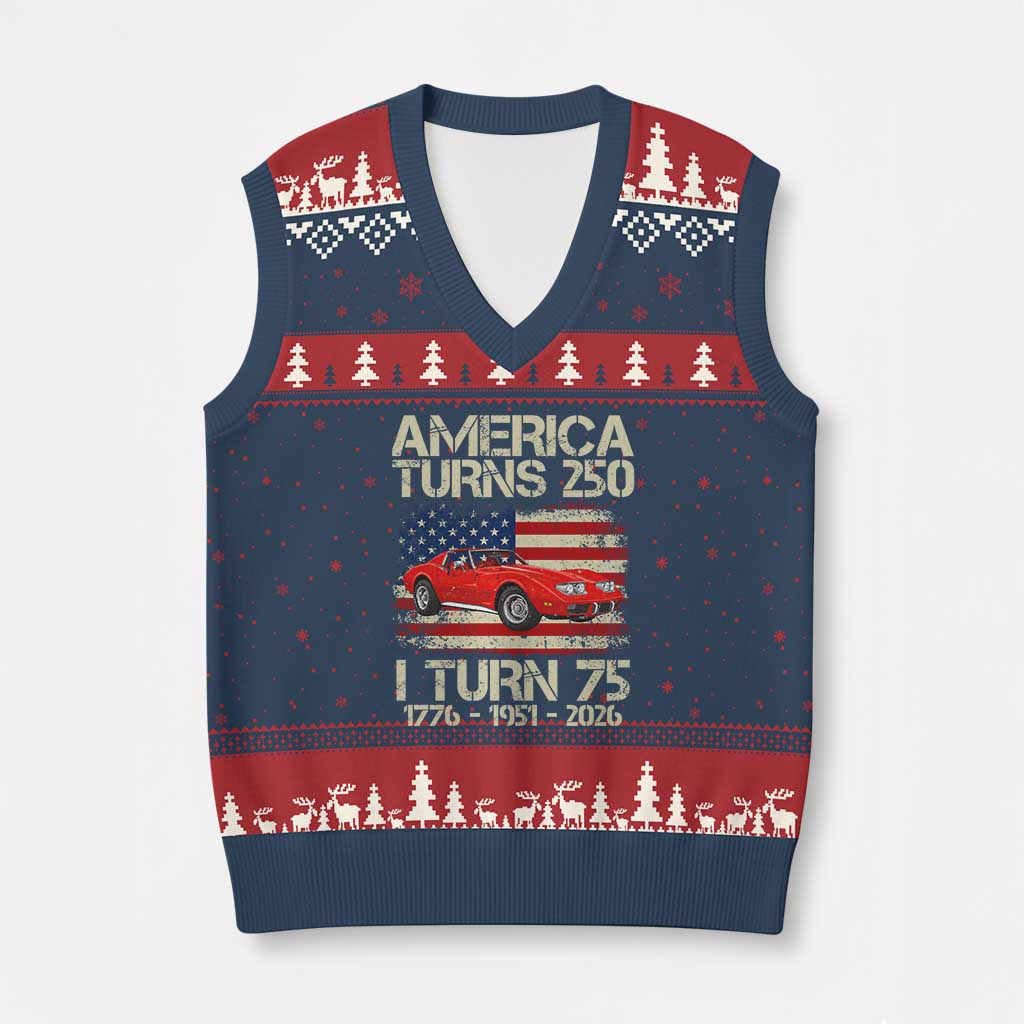 America Turns 250 I Turn 75 1951 75th Birthday V-Neck Knit Sweater Vest Sports Car Retro Americana TS14 Navy Red Print Your Wear