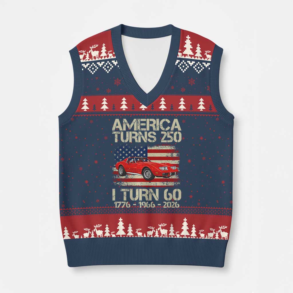 America Turns 250 I Turn 60 1966 60th Birthday V-Neck Knit Sweater Vest Sports Car Retro Americana TS14 Navy Red Print Your Wear