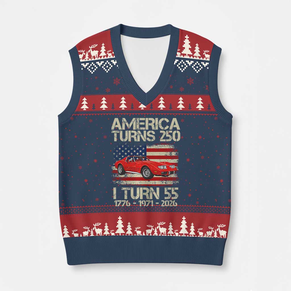 America Turns 250 I Turn 55 1971 55th Birthday V-Neck Knit Sweater Vest Sports Car Retro Americana TS14 Navy Red Print Your Wear