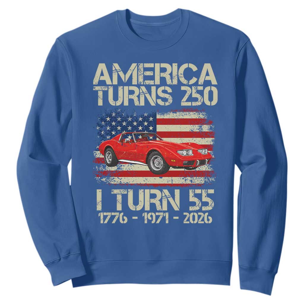 America Turns 250 I Turn 55 1971 55th Birthday Sweatshirt Sports Car Retro Americana