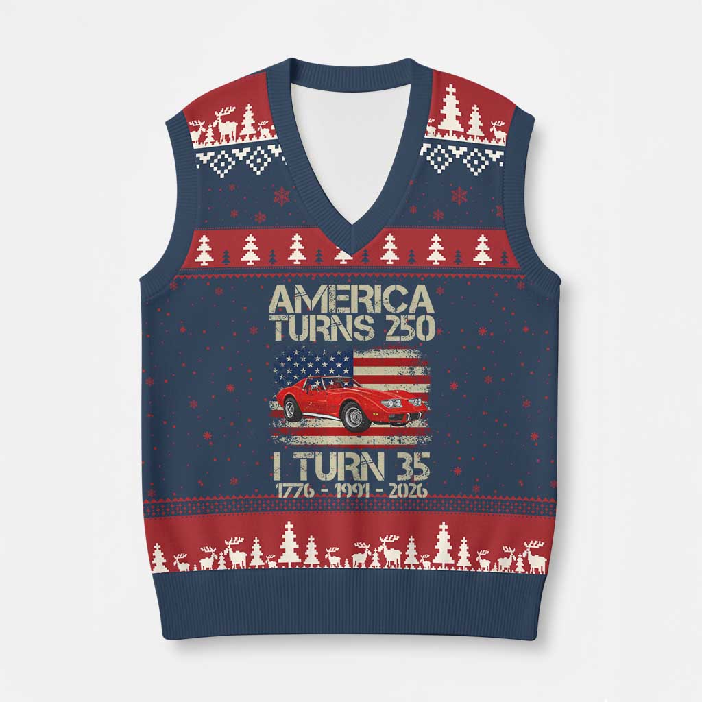 America Turns 250 I Turn 35 1991 35th Birthday V-Neck Knit Sweater Vest Sports Car Retro Americana TS14 Navy Red Print Your Wear