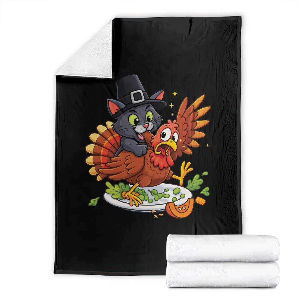 Funny Thanksgiving Cat Pilgrim Eat Turkey Throw Blanket TS14 Black Print Your Wear