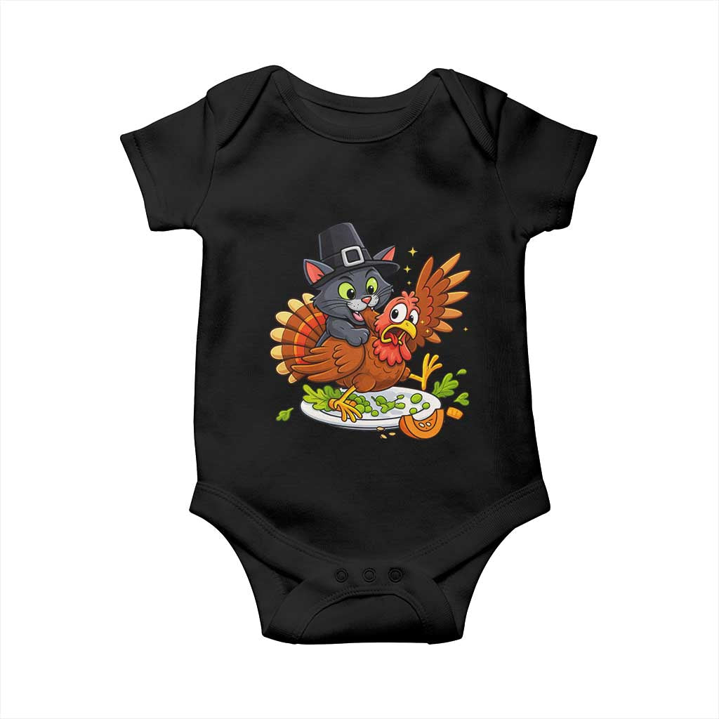 Funny Thanksgiving Cat Pilgrim Eat Turkey Baby Onesie TS14 Black Print Your Wear