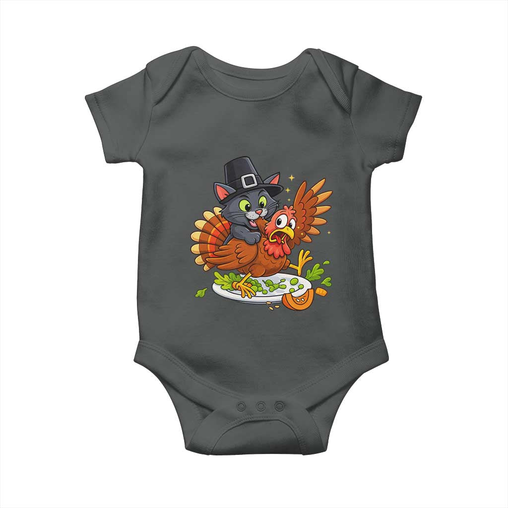 Funny Thanksgiving Cat Pilgrim Eat Turkey Baby Onesie TS14 Dark Heather Print Your Wear