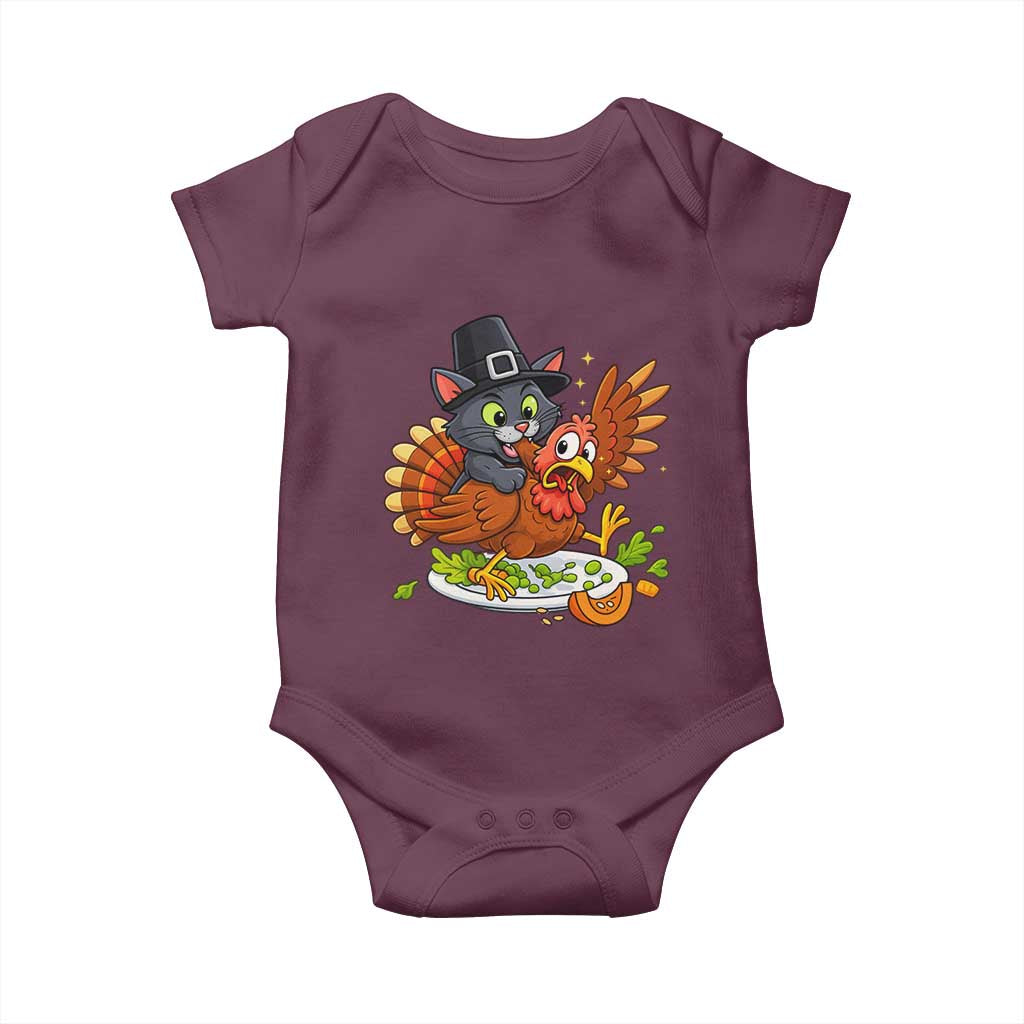 Funny Thanksgiving Cat Pilgrim Eat Turkey Baby Onesie TS14 Maroon Print Your Wear