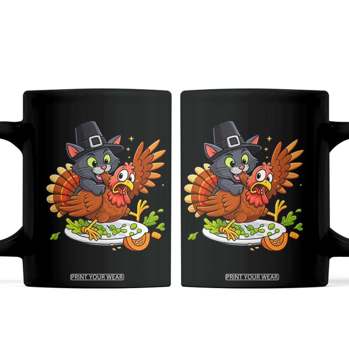 Funny Thanksgiving Cat Pilgrim Eat Turkey Coffee Mug TS14 Black Print Your Wear