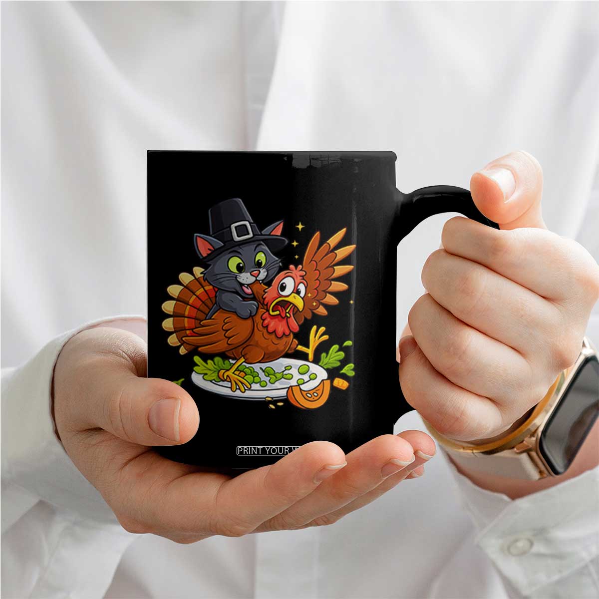 Funny Thanksgiving Cat Pilgrim Eat Turkey Coffee Mug TS14 Print Your Wear